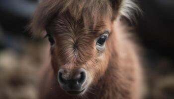 süß jung Pferd Weiden lassen im Wiese draußen generiert durch ai foto