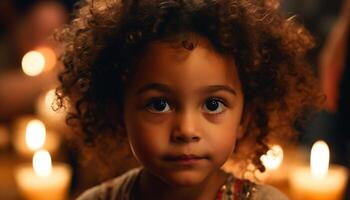 lächelnd Kleinkind mit lockig Haar leuchtet Zuhause generiert durch ai foto