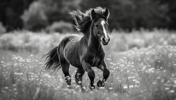 Vollblut- Pferd Laufen kostenlos im Sommer- Wiese generiert durch ai foto