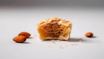 nachsichtig Baklava mit Nüsse und Honig Nieselregen generiert durch ai foto