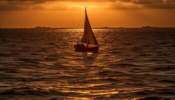 Segelboot Silhouette gleitet auf still Sonnenuntergang Wasser generiert durch ai foto