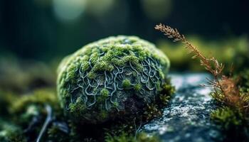 Grün Pilz auf Blatt, vergrößert zum Forschung generiert durch ai foto