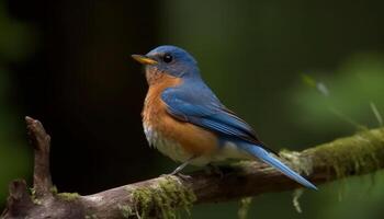 Gelb Vogel sich niederlassen auf Zweig, suchen Weg generiert durch ai foto