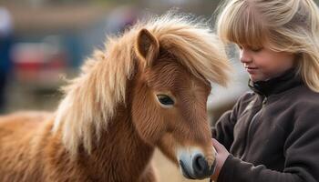 süß blond Mädchen Reiten Pony im Wiese generiert durch ai foto