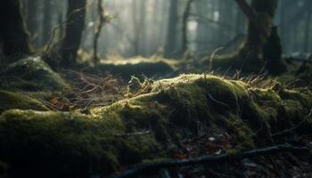 dunkel Wald Geheimnis nass Blätter, gespenstisch Geäst generiert durch ai foto