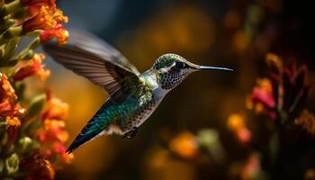 Kolibri schwebend, multi farbig Gefieder, bestäubend Gelb Blume generiert durch ai foto