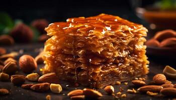 Süss Honig Mandel Dessert auf rustikal hölzern Teller generiert durch ai foto