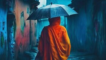einer Person Gehen im das Regen allein generiert durch ai foto
