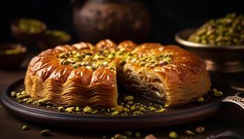 gebacken Baklava Scheibe auf rustikal hölzern Teller generiert durch ai foto