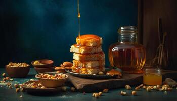 Stapel von hausgemacht Pfannkuchen mit Süss Sirup generiert durch ai foto