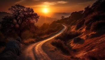 Sonnenuntergang Über Berg Bereich, still Schönheit im Natur generiert durch ai foto