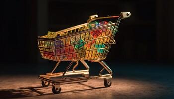 Metall Einkaufen Wagen trägt Lebensmittel im Supermarkt generiert durch ai foto