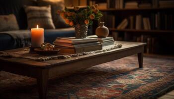 komfortabel Sofa, Kerzenlicht Bücherregal, perfekt zum Entspannung generiert durch ai foto
