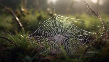 Spinne Netz glitzert mit Tau Tropfen draußen generiert durch ai foto