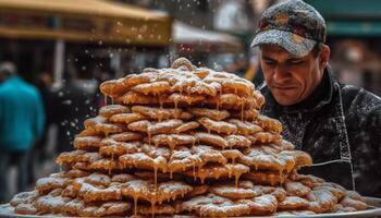 kaukasisch männlich genießt hausgemacht Winter Plätzchen Snack generiert durch ai foto