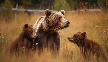 süß Bär Jungtier Gehen im Grün Wiese generiert durch ai foto