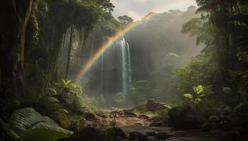 Regenbogen Über tropisch Regenwald, ein Fantasie Himmel generiert durch ai foto