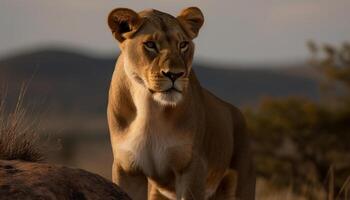 majestätisch Löwin Gehen im afrikanisch Wildnis beim Dämmerung generiert durch ai foto