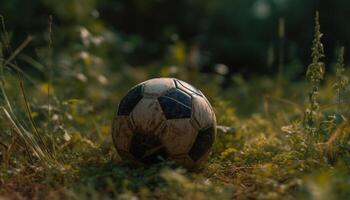 Grün Gras, Blau Himmel, Fußball Ball fliegt generiert durch ai foto