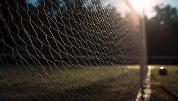 Fußball Ball im Netz auf Grün Rasen generiert durch ai foto