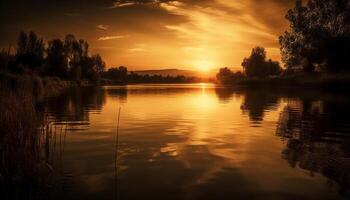golden Wiese spiegelt still Sonnenuntergang Über Wasser generiert durch ai foto