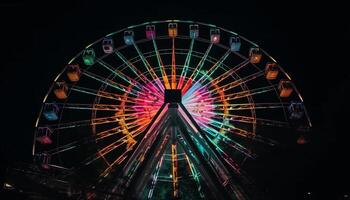 glühend Karneval Rad dreht sich im beschwingt Farben generiert durch ai foto