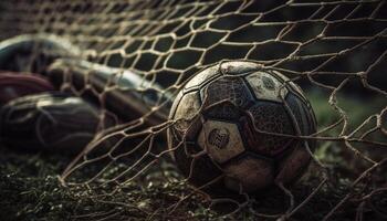 Fußball Ball treten durch schmutzig Netz generiert durch ai foto