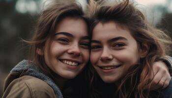 zwei jung Frauen Umarmung im Herbst Natur generiert durch ai foto