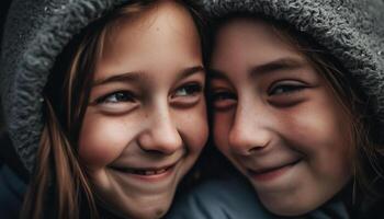 zwei lächelnd Geschwister Umarmung im spielerisch Winter Spaß generiert durch ai foto