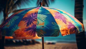 multi farbig Regenschirm Schatten Strandgänger im tropisch Hitze generiert durch ai foto