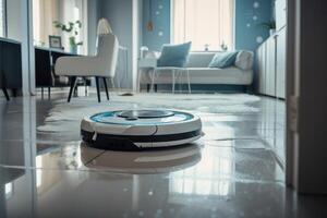 Roboter Vakuum Reiniger Reinigung Fußboden im modern Leben Zimmer. 3d Wiedergabe, ein futuristisch ai Roboter Reiniger Reinigung das Haus, ai generiert foto