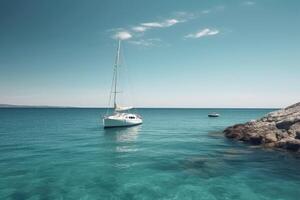 Segeln Boot auf das Türkis Wasser von das Mittelmeer Meer, ein klein Yacht anmutig Segeln auf das still Wasser von ein schön Ozean auf ein sonnig Tag, ai generiert foto