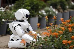 Roboter Sitzung auf das Blume Bett im das Garten, künstlich Intelligenz Konzept, ein Roboter Gärtner nehmen Pflege von ein Garten, ai generiert foto