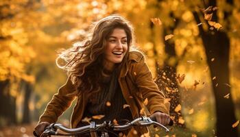 einer jung Frau Radfahren durch Herbst Wald generiert durch ai foto