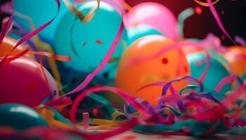 beschwingt Farben, Konfetti, Luftballons, und Luftschlangen erstellen Feier Spaß generiert durch ai foto