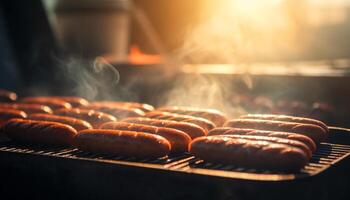 gegrillt Fleisch brutzelt auf das Grill, Flammen und Rauch steigend generiert durch ai foto