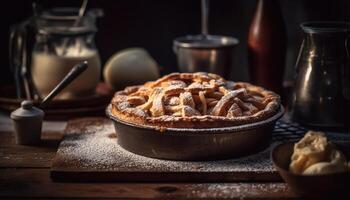 rustikal hausgemacht Apfel Kuchen, Süss und frisch, auf Holz Teller generiert durch ai foto