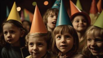 süß Jungs und Mädchen im Party Hüte lächelnd zum Geburtstag Feier generiert durch ai foto