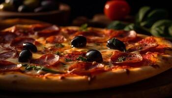 frisch gebacken Pizza mit Mozzarella, Tomate, Salami, und schwarz Oliven generiert durch ai foto