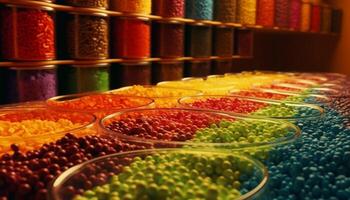 ein groß Sammlung von multi farbig Obst im ein beschwingt Anordnung generiert durch ai foto