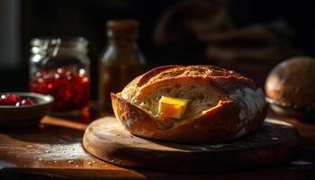 rustikal Ciabatta auf hölzern Tisch, ein frisch hausgemacht Mahlzeit generiert durch ai foto