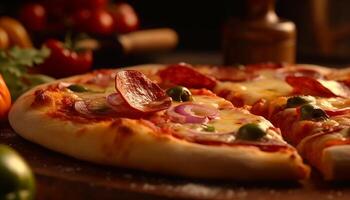 rustikal Pizza mit frisch Mozzarella, Bohnenkraut Soße, und Gemüse gebacken drinnen generiert durch ai foto
