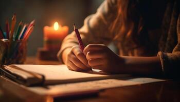 einer Person Sitzung beim Schreibtisch, Arbeiten auf Papier mit Bleistift generiert durch ai foto