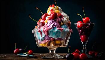 nachsichtig Sommer- Dessert Beere Eis Sahne Eisbecher mit Gourmet Belag generiert durch ai foto