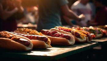 gegrillt heiß Hunde und Burger, ein klassisch amerikanisch Picknick Mahlzeit generiert durch ai foto