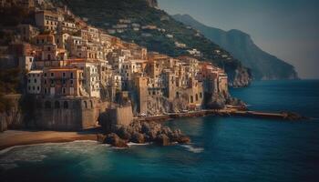 Amalfi Küste berühmt die Architektur ein hoch Winkel Aussicht von Sonnenuntergang generiert durch ai foto