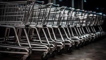 groß Metall Einkaufen Wagen im leeren Supermarkt Gang mit Gepäck Wagen generiert durch ai foto