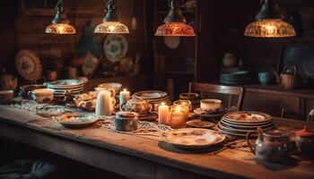 Kerze Verbrennung drinnen, Flamme leuchten dunkel Tabelle gemacht von Holz generiert durch ai foto