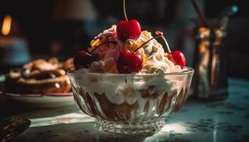 nachsichtig hausgemacht Eis Sahne Eisbecher mit ausgepeitscht Sahne und Beeren generiert durch ai foto