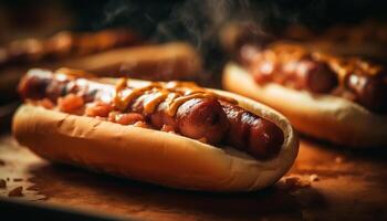 gegrillt Rindfleisch heiß Hund auf rustikal Brötchen mit Zwiebel und Ketchup generiert durch ai foto